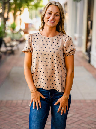 Polka dot puff sleeve peplum blouse
