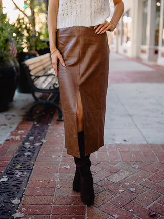 Brown faux leather midi skirt