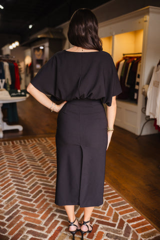 Black boat neck midi dress
