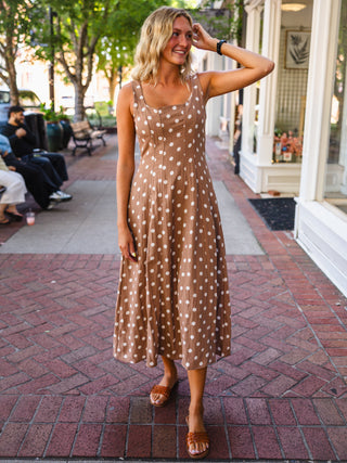 Brown polka dot midi dress
