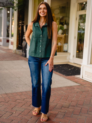 Hunter green pintuck button down top
