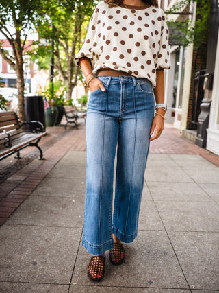 High rise pintuck wide leg jeans