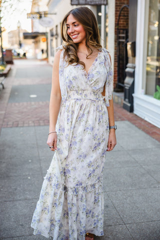 Blue floral print tie strap maxi dress