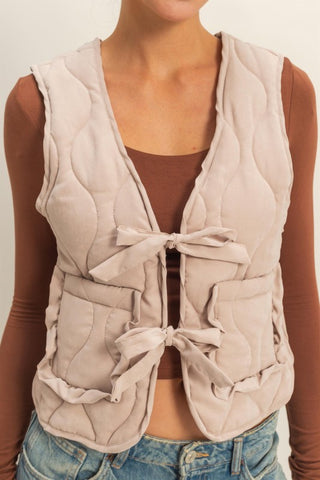 Taupe quilted tie front vest