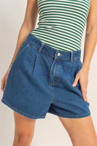 Denim blue pleated shorts