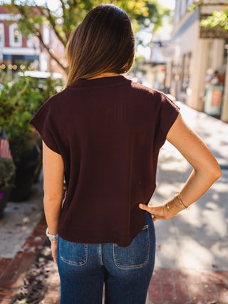 Brown rib textured short sleeve top