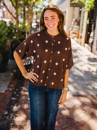 Brown & white polka dot SS cardigan