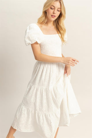 White puff sleeve eyelet midi dress