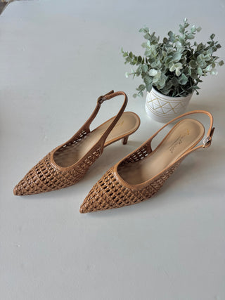 Tan woven sling pump