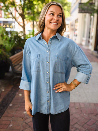 Collared button down western denim shirt