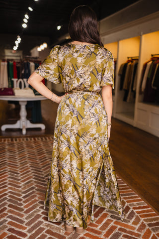 Olive print midi dress