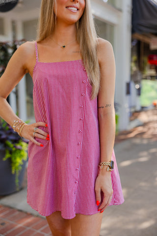 Red & white gingham button dress