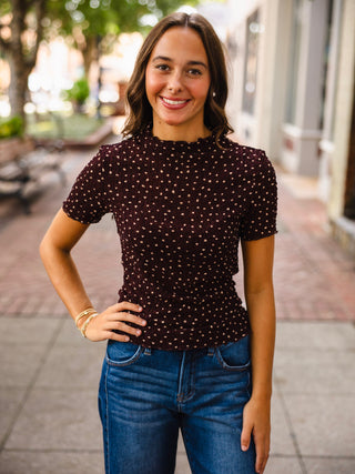 Brown polka dot crinkled top