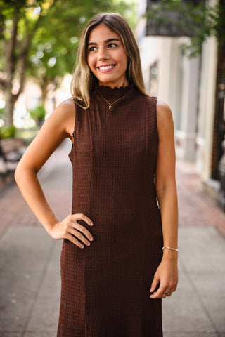 Dark brown crinkled mock neck midi dress