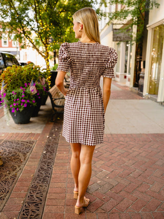 Brown gingham smocked dress