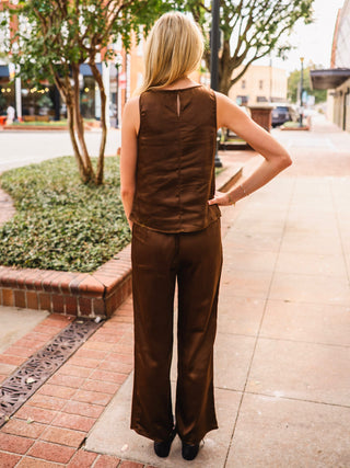 Dark brown sleeveless satin top
