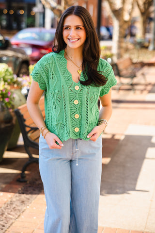 Button front, scallop trim crochet sweater