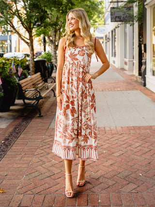 Terracotta leaf print midi dress