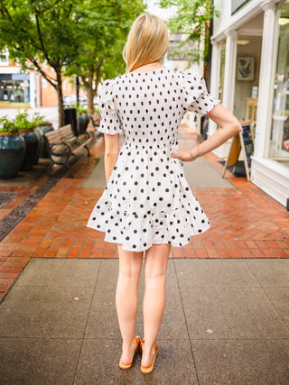 White & Black Polka Dot Puff Sleeve Dress