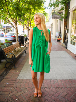 Pintuck Sleeveless Tie Front Dress