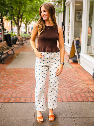 Cream & Blue Polka Dot HR Barrel Jeans