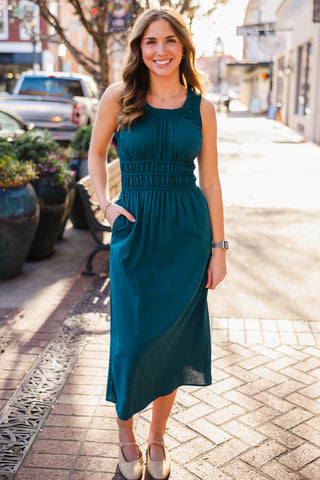 Dark teal sleeveless maxi dress