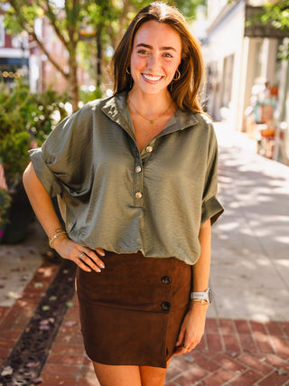 Olive short cuffed sleeve blouse