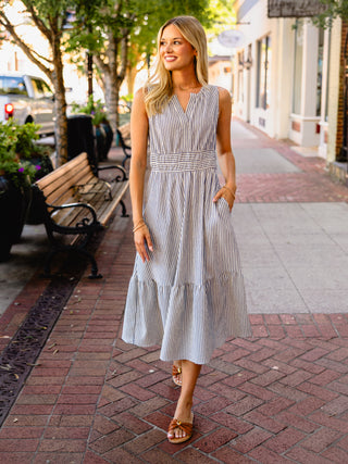Navy stripe seersucker midi dress