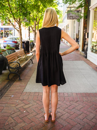 Pintuck Sleeveless Tie Front Dress