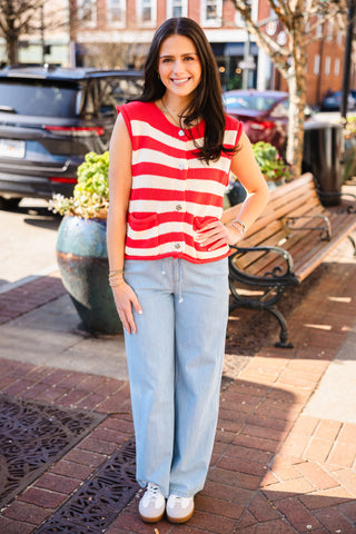Red & white stripe sleeveless cardigan
