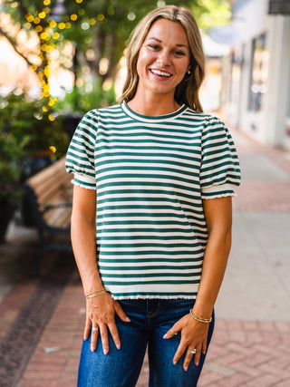 Stripe Half Puff Sleeve Top
