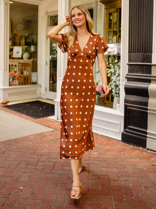 Brown polka dot flutter sleeve dress