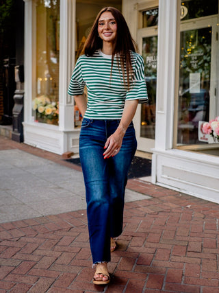 Green & white stripe fitted waist tee