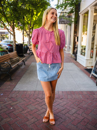 Red Gingham Puff Sleeve Peplum Top