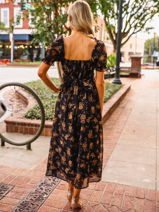 Black floral print midi dress