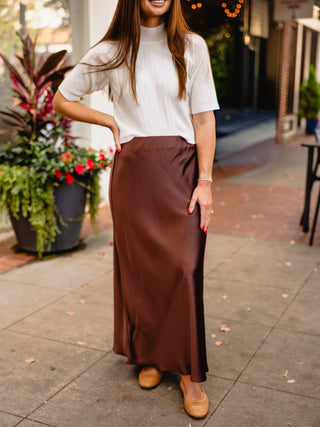 Dark brown satin midi skirt