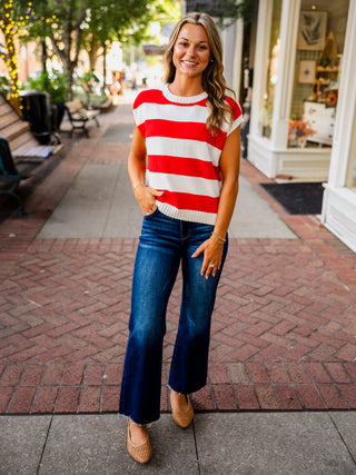 Striped cap sleeve sweater