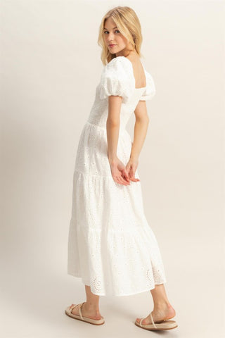 White puff sleeve eyelet midi dress