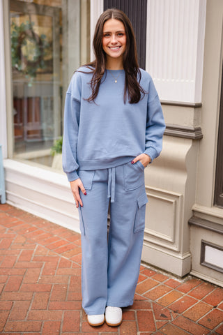 Blue cargo wide leg sweatpants
