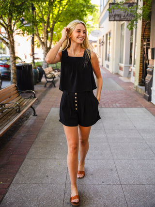 Black Linen Blend Button Fly Shorts