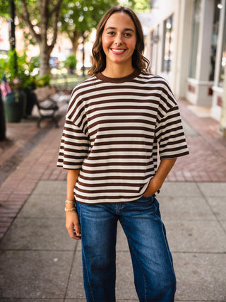 Striped waffle knit short sleeve boxy tee