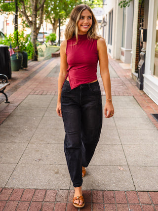 Burgundy mock neck strappy detail tank