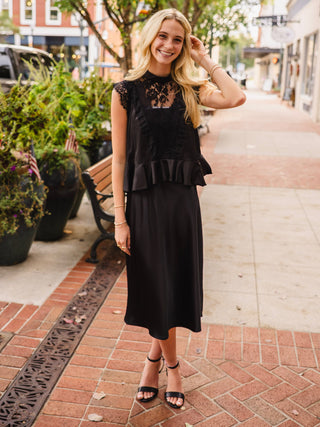 Black satin mock neck lace detail blouse