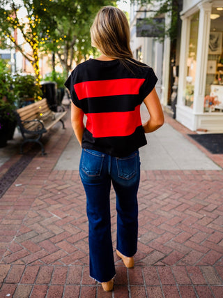 Red & black striped cap sleeve top