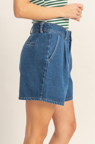 Denim blue pleated shorts