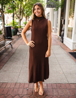 Dark brown crinkled mock neck midi dress