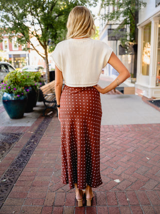 Polka dot linen blend midi skirt