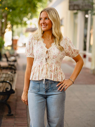 Floral print tie front blouse