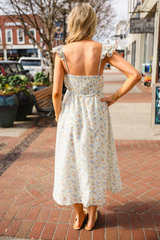 Floral print ruffle strap midi dress