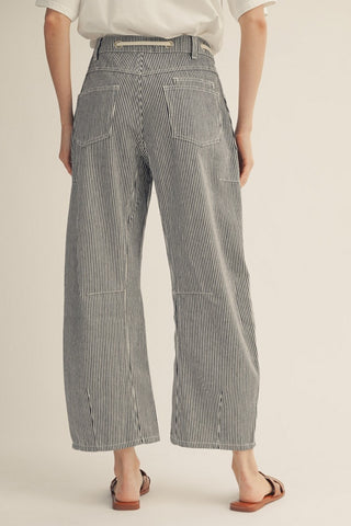 Drawstring waist stripe barrel pants